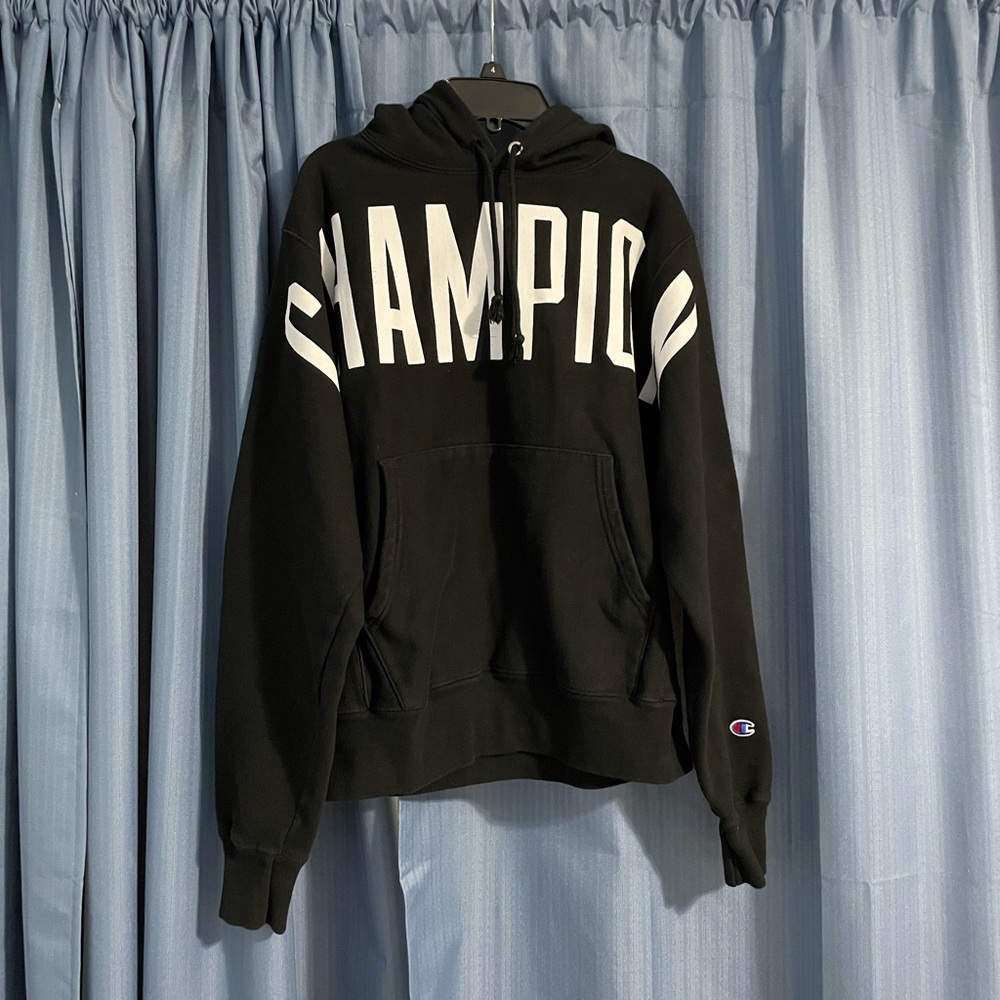 Black Champion Hoodie with White Brand Letters, Size Small